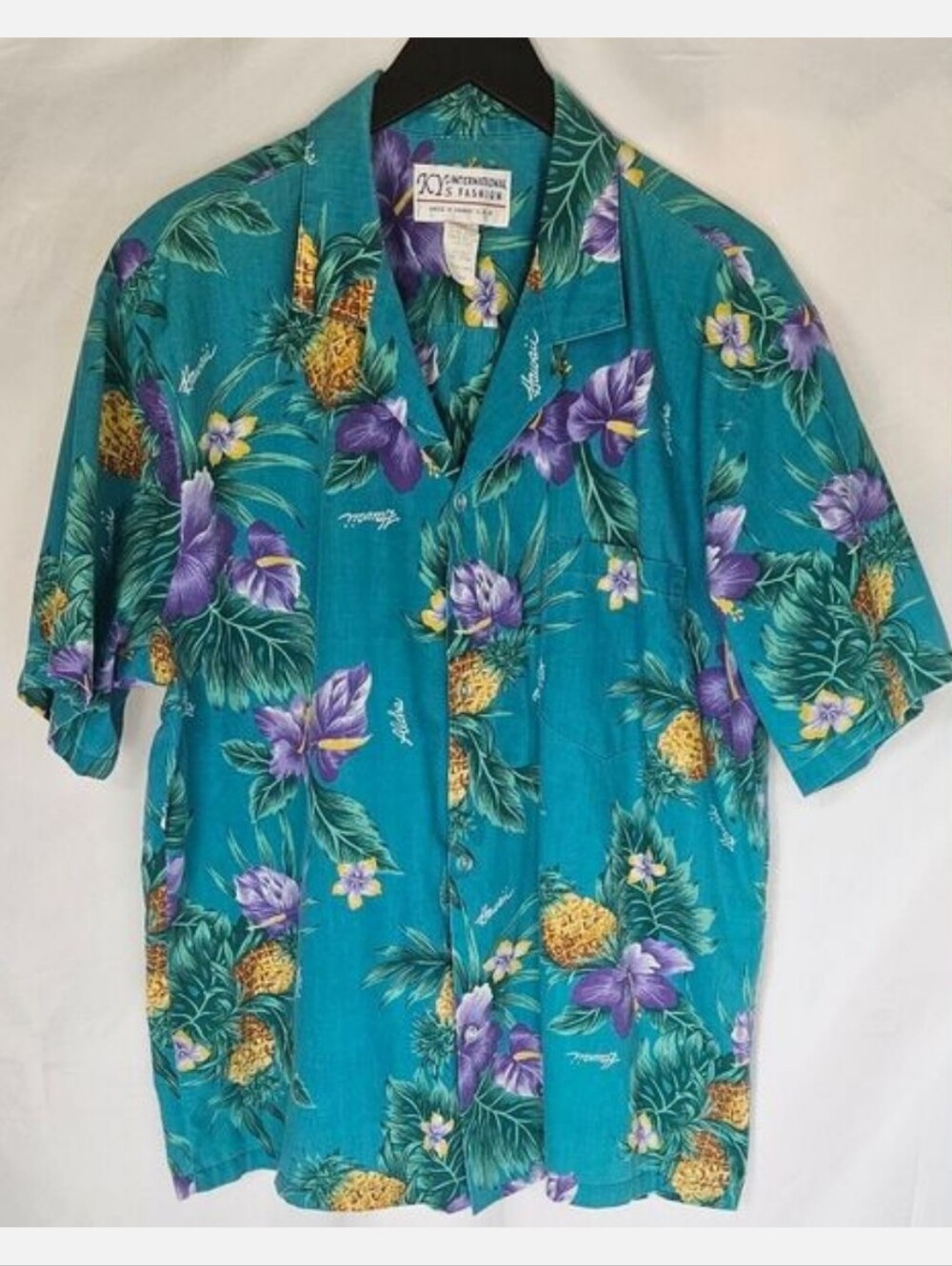 VTG Ky's Tropical Pineapple Print Button Down Teal Size XL Hawaiian Shirt